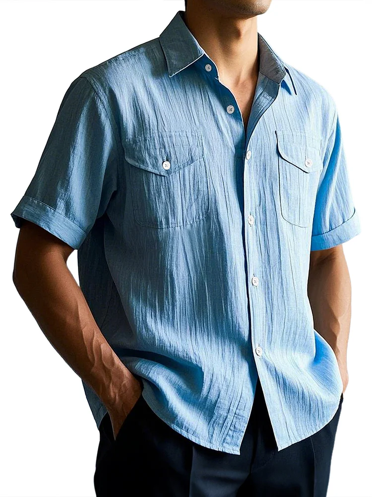 Men's Everyday Casual Double Pocket Lapel Solid Color Comfortable Short Sleeve Shirt