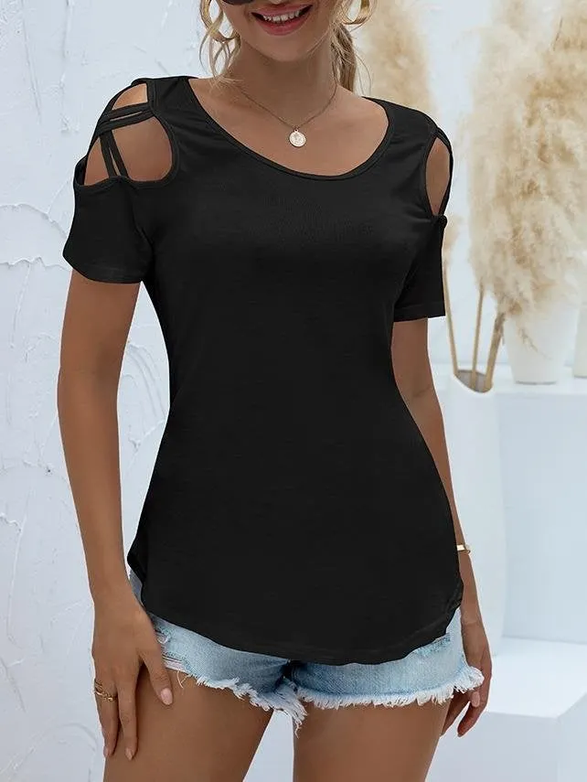 Solid Round Neck Short Sleeve Off-shoulder T-shirt