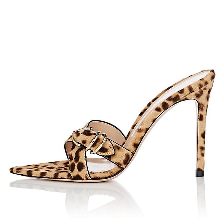 Leopard Print Heels Horse Hair Stiletto Heel Buckle Mule |FSJ Shoes