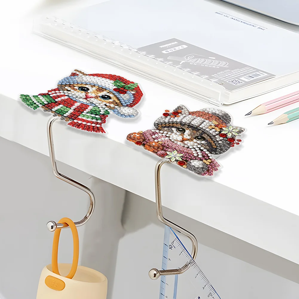 2Pcs Xmas Cat DIY Diamond Painting Countertop Hooks for Home Office Decor