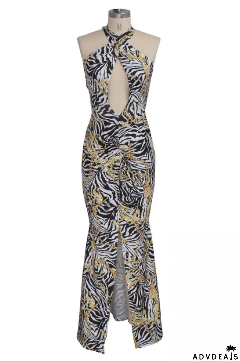 Multi-color Polyester Sexy Fashion Tank Sleeveless V Neck A-Line Floor-Length Print backless Patchwork hollow ou