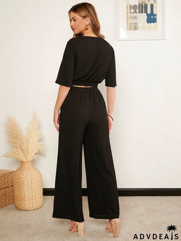 Solid Crop Tee & Wide Leg Pants Set
