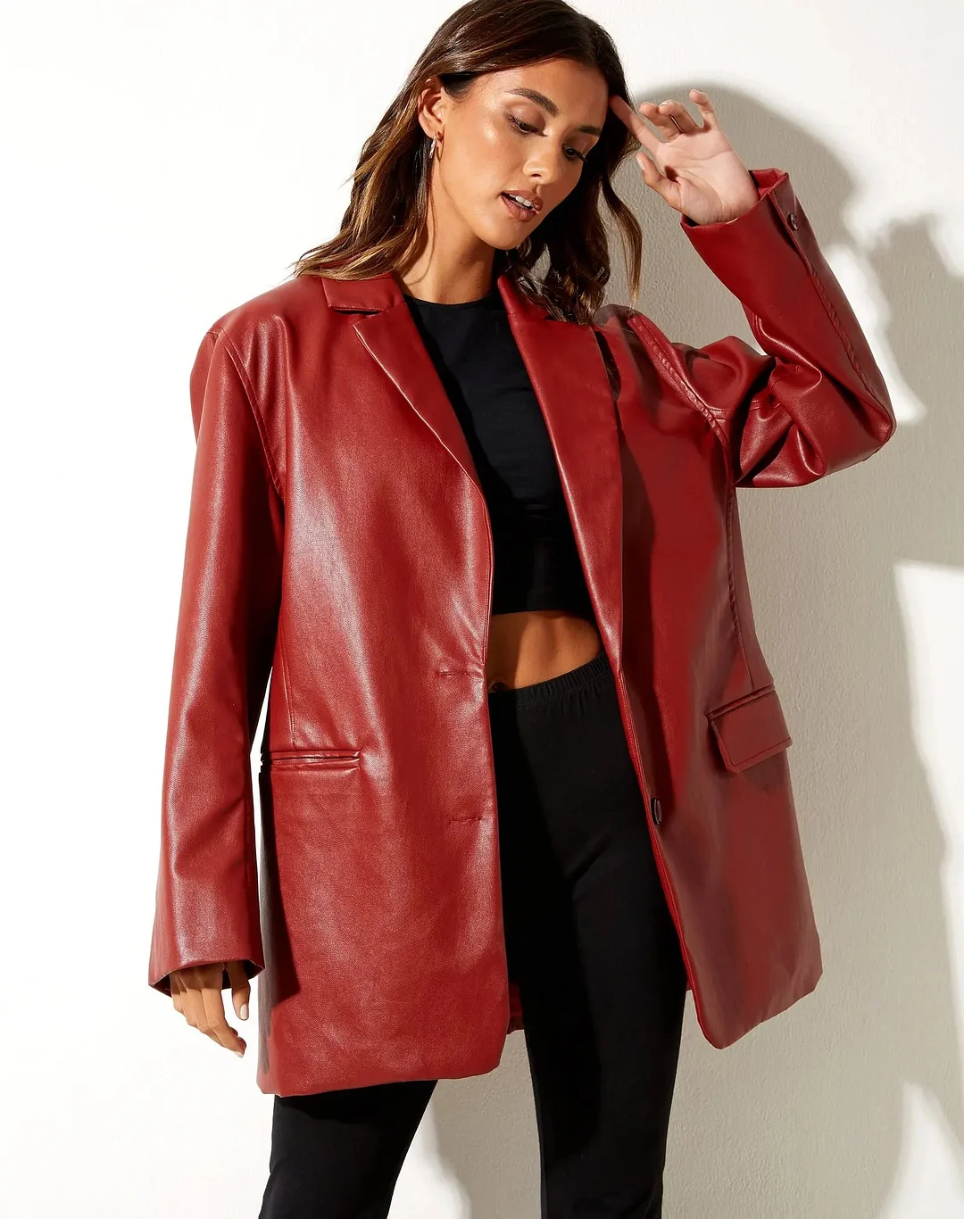 Huiketi Women PU Leather Blazera Tailored Collar Long Sleeve Suit Jackets Loose Single-Breasted Coats Streetwear Office Lady Jackets top