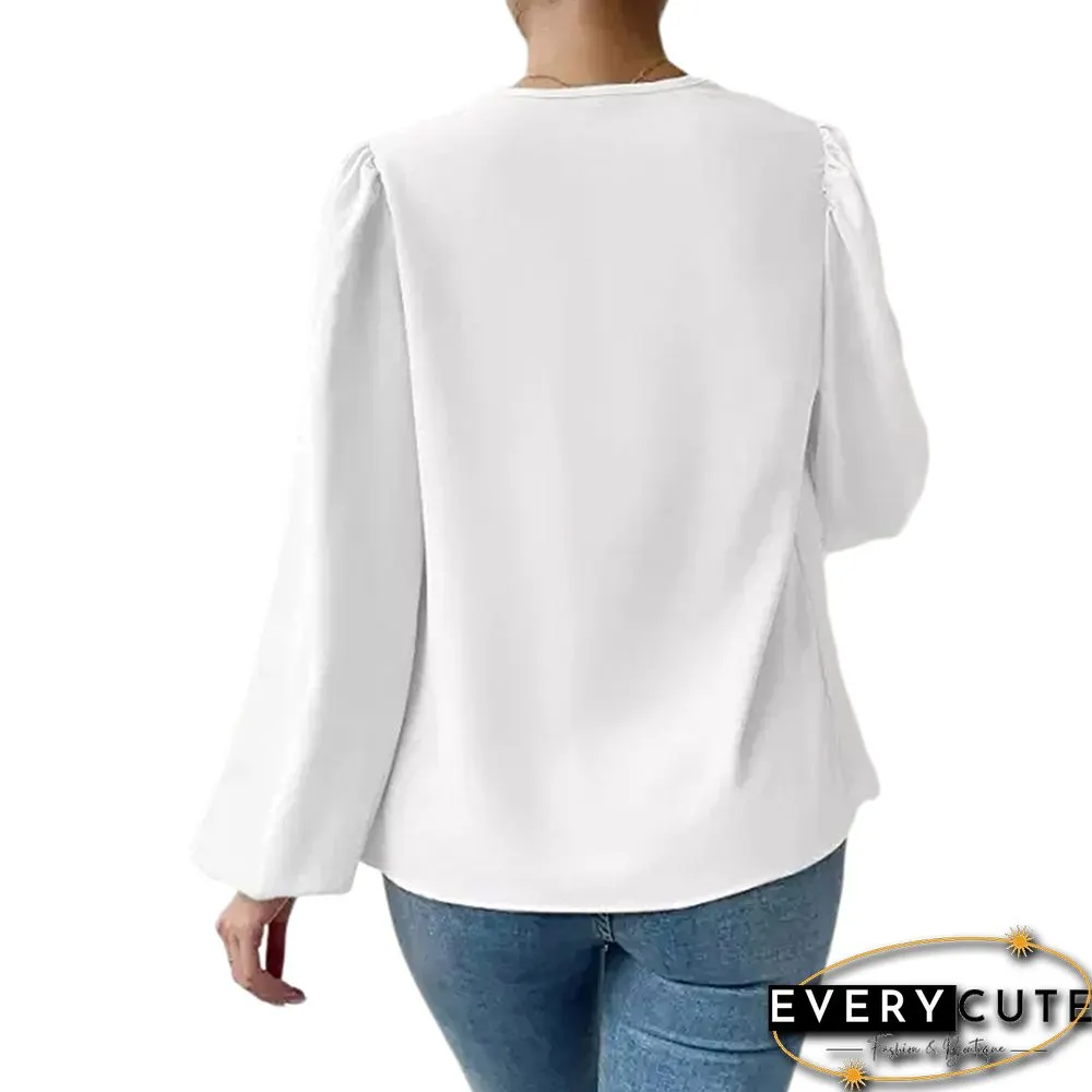 White Drape Pleated V Neck Long Sleeve Top