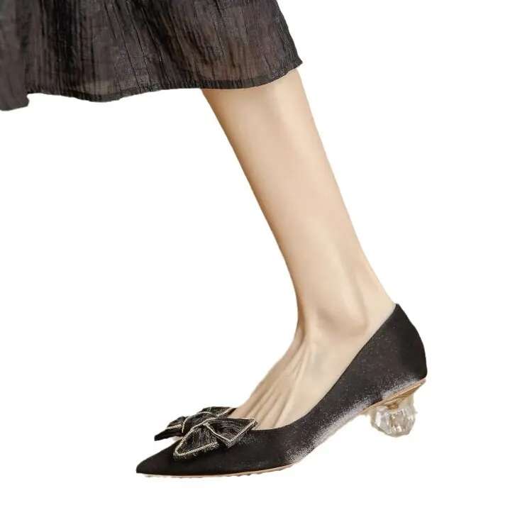 Churchf Churchf Design Sense Temperament Single Shoes Female Wedding Shoes Bride Shoes Thick Heel High Heels Bow Pointed French Small Heels