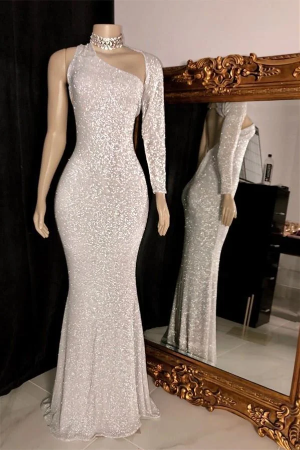 Classic Sequins One Shoulder Mermaid Prom Dress Long Sleeves - lulusllly