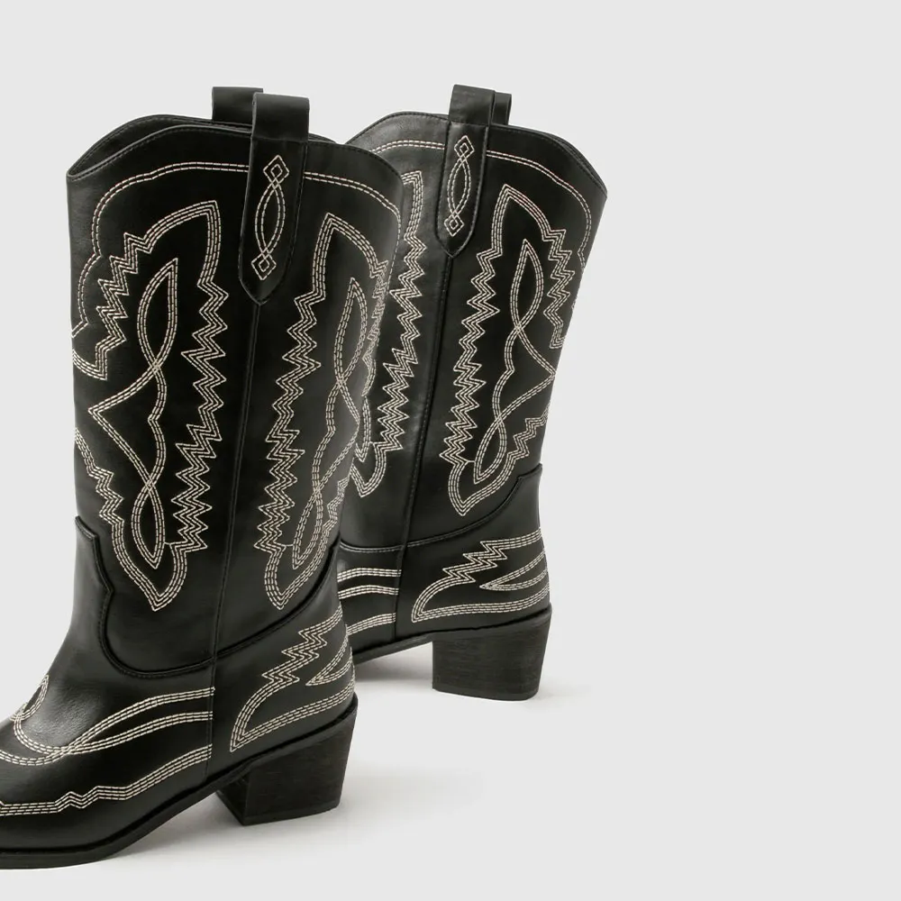 Black Pointed Toe Stitching Mid Calf Western Boots for Women