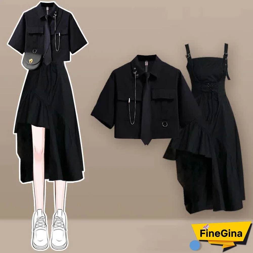 Pocket Lapel Tie T-Shirt Irregular Lace Up Slip Dress Two Pieces Set