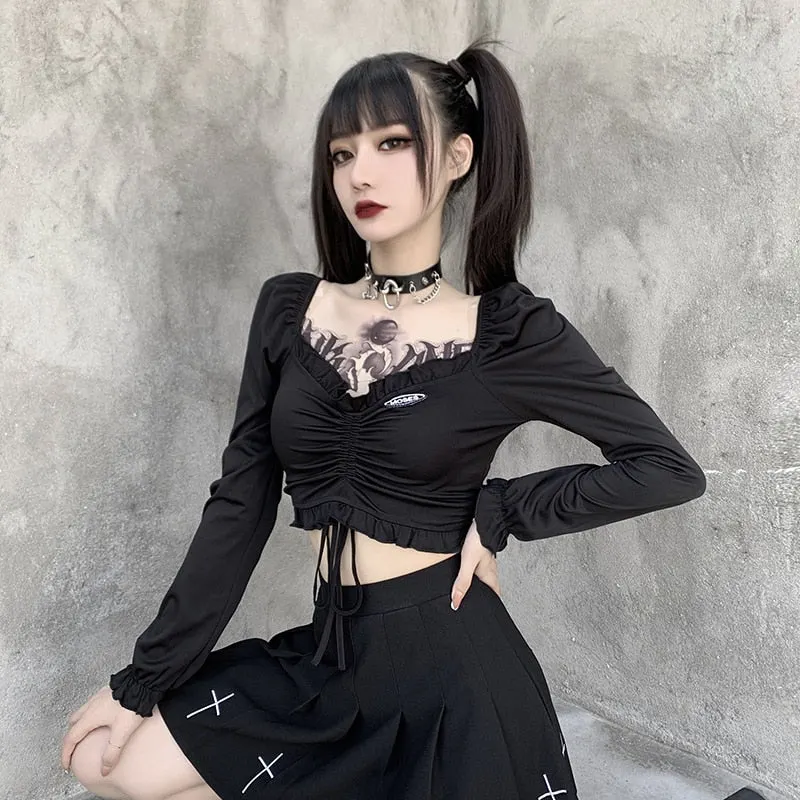 InsGoth Bandage Bodycon Long Sleeve Crop Tops Female Black V-neck Streetwear Punk Slim Tops Autumn Gothic Harajuku Top