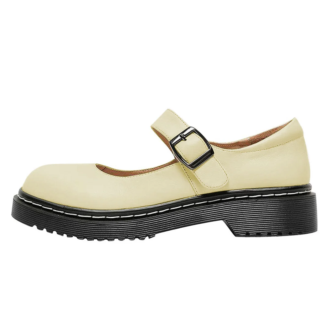 Women's Ivory Vegan Leather Round Toe Strappy Platform Mary Janes