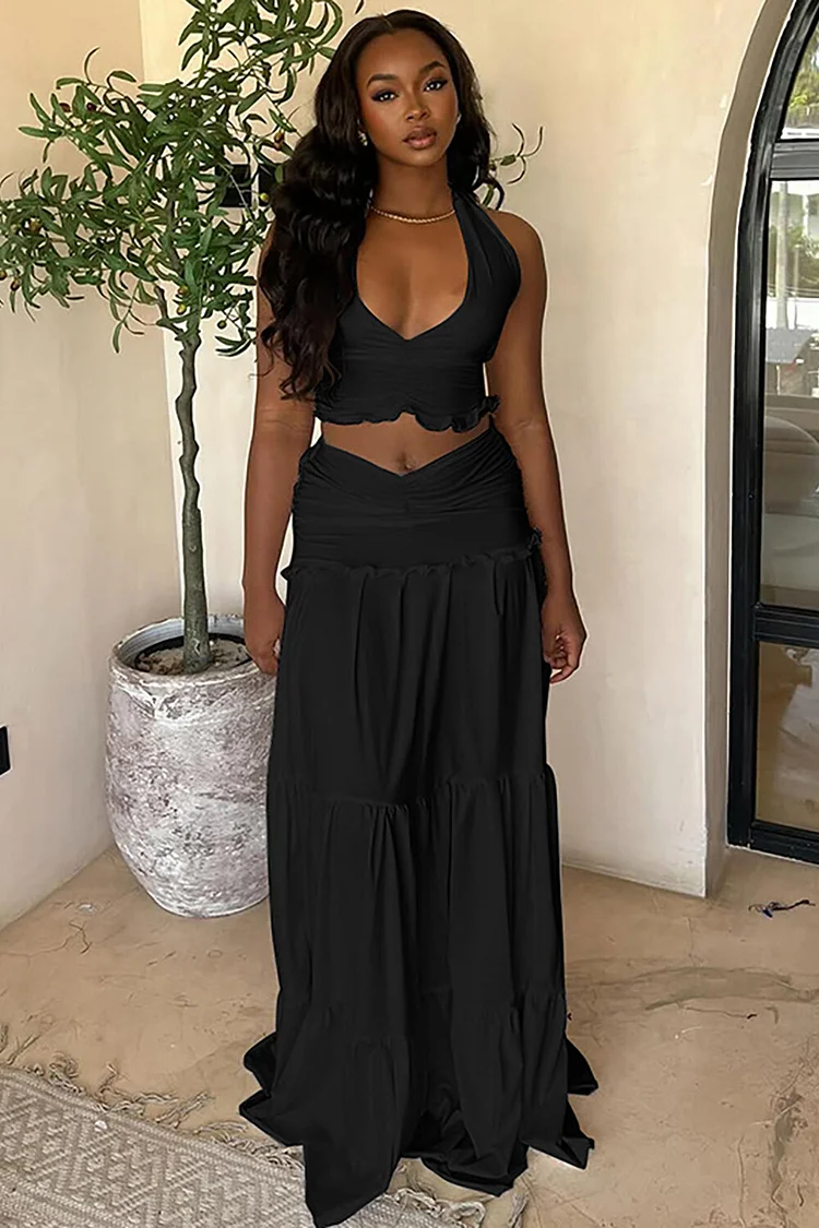Plunge Neck Halter Ruffled Crop Top Solid Color Maxi Skirt 2pcs Set-Black