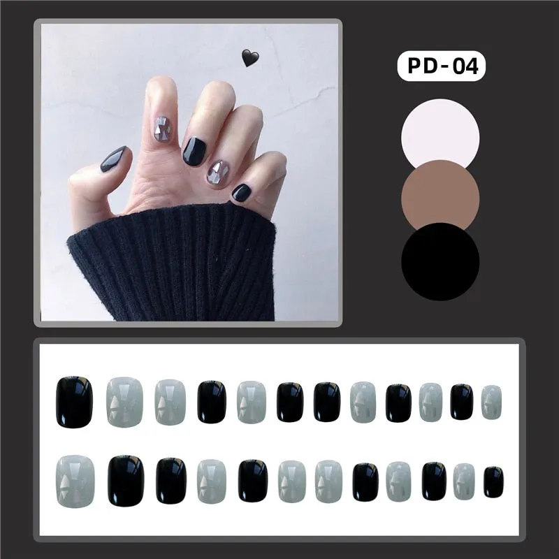 24pcs Leopard Theme Full Cover False Nail Tips Black Heart Line Transparent Stiletto French Fake Nails With Glue Detachable Tips-Nail Inspo