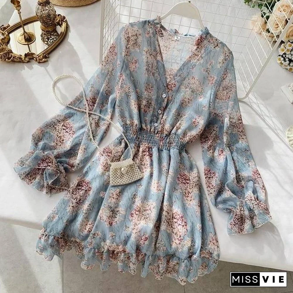 V-neck long-sleeved chiffon floral dresses