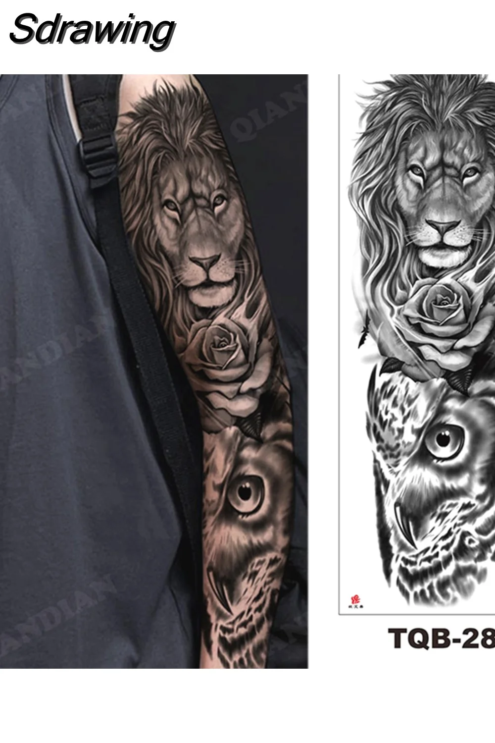 Sdrawing Arm Temporary Tattoo Wolf Lion Fish Horns Geometric Man Body Leg Rose Flower Phoenix Waterproof Sticker Cool Women Tatoo 521-1