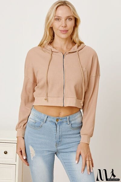 MidiSono - Waffle-Knit Drawstring Zip Up Hoodie