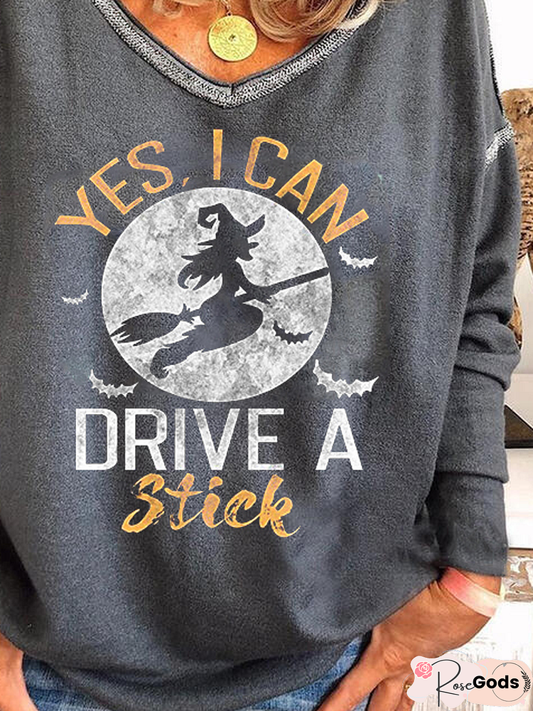 Halloween Yes I Can Drive A Stick Long Sleeve Cotton Blends T-Shirt