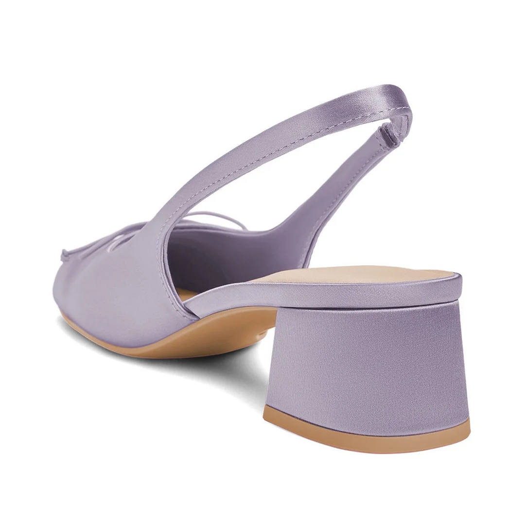 Purple Satin Square Toe Low Block Heel Slingback Pumps with Bow