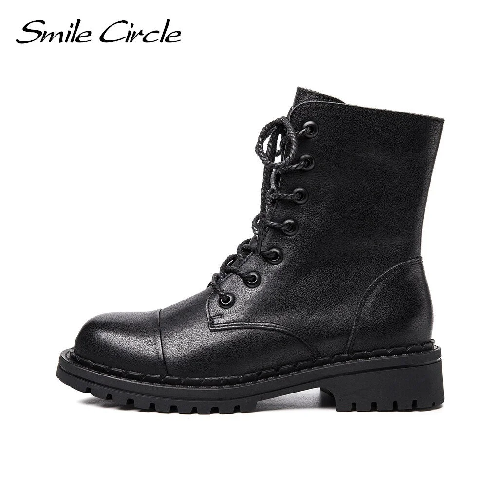 Smile Circle Short Boots Women Motorcycle Boots Platform Boots Cow Leather zipper Ladies Shoes Casual Autumn