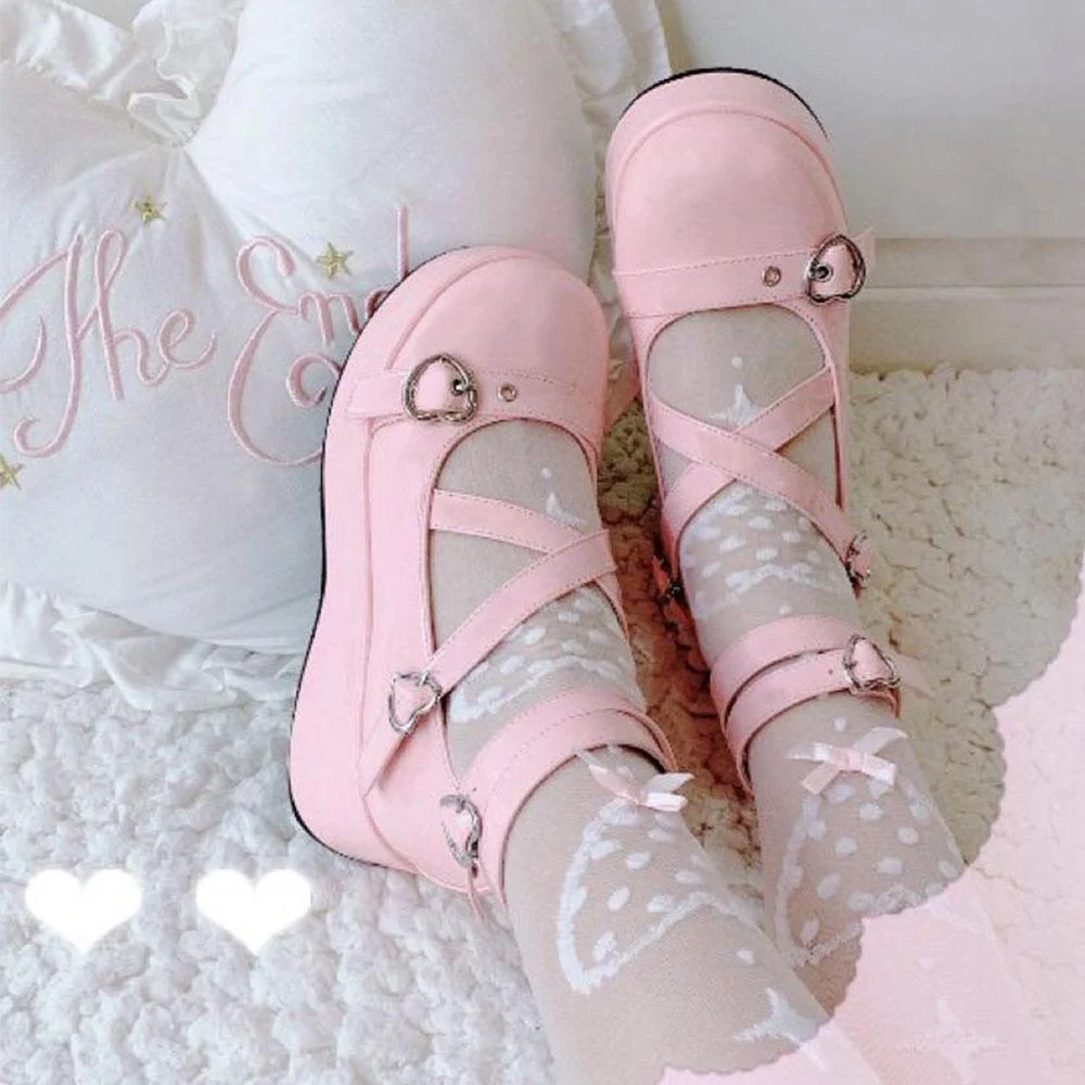 2021 Brand Sweet Lovely Buckles Lolita Mary Janes Cosplay Black Gothic Pink Platform Med Heels Shoes Women Pumps Big Size 43 1129