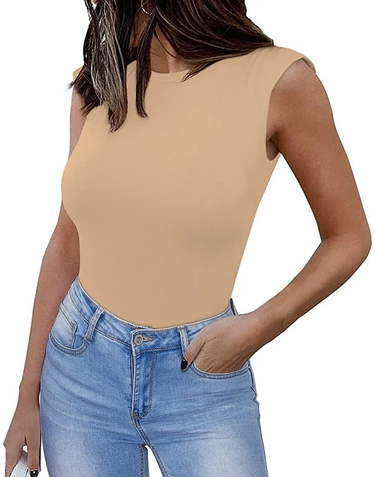 Crew Neck Sleeveless Shoulder Pads Bodysuit Tank Tops