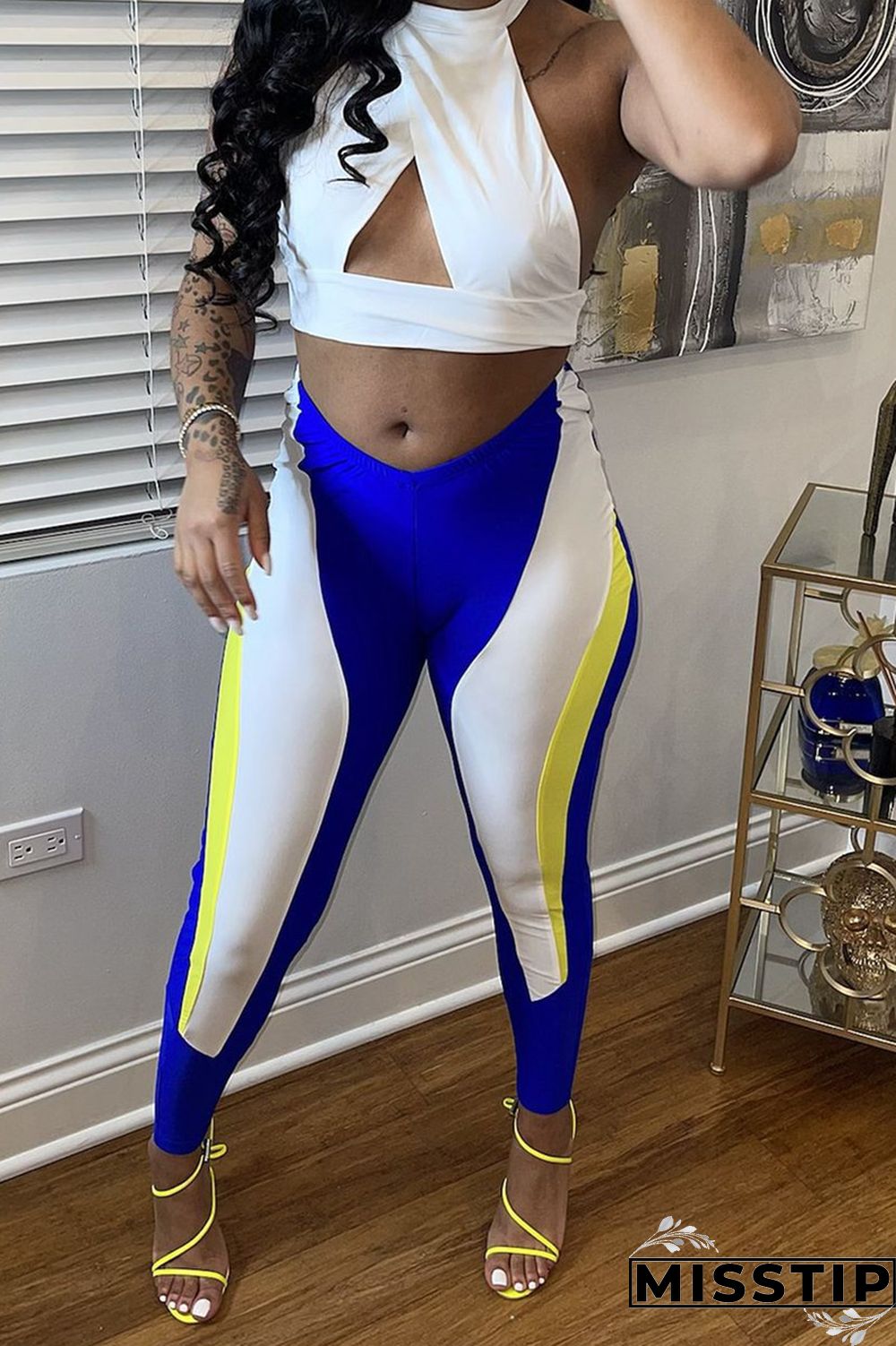 Blue White Fashion Sexy Patchwork Hollowed Out Backless O Neck Sleeveless Two Pieces