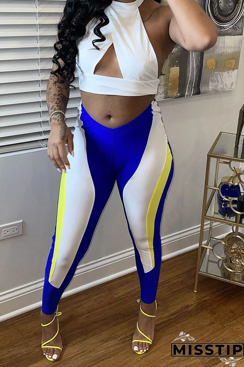 Blue White Fashion Sexy Patchwork Hollowed Out Backless O Neck Sleeveless Two Pieces