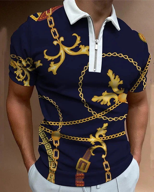 Men's Casual Chain Print Short Sleeve Polo Shirt