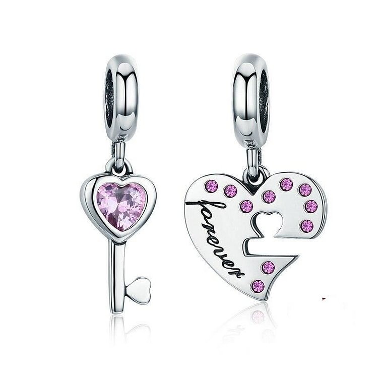 Lock Key Heart Charms Pink Zircon Bead Fit Original Silver Bracelet Pendant-Mayoulove
