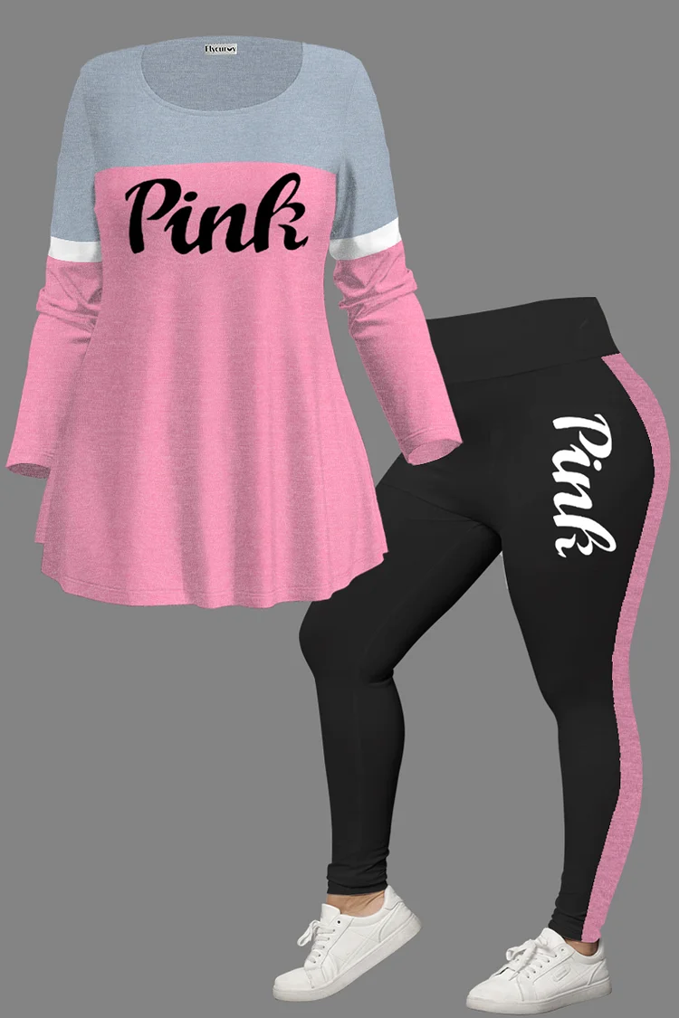 Flycurvy Plus Size Casual Pink Colorblock Letter Print Two Piece Pant Set  Flycurvy [product_label]