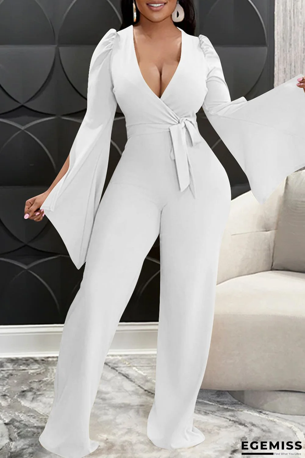 White Fashion Casual Solid Bandage Slit V Neck Regular Jumpsuits | EGEMISS