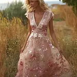 Retro Pink Rose Design V-neck Long-sleeve Casual Dress - Image 2