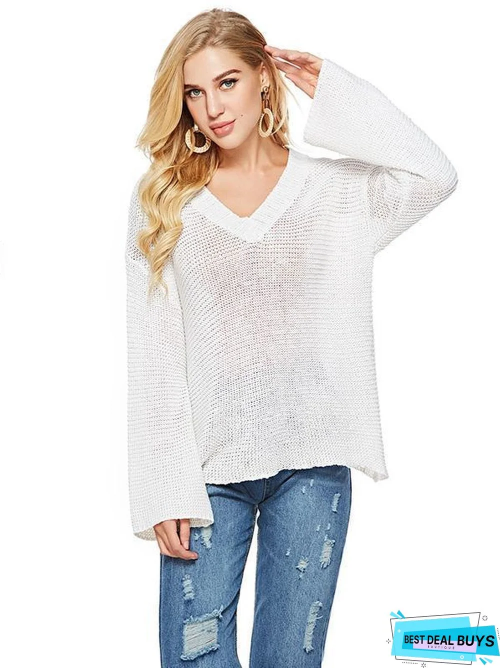 Sexy Long Sleeve Solid Color V-Neck Sweater Tops