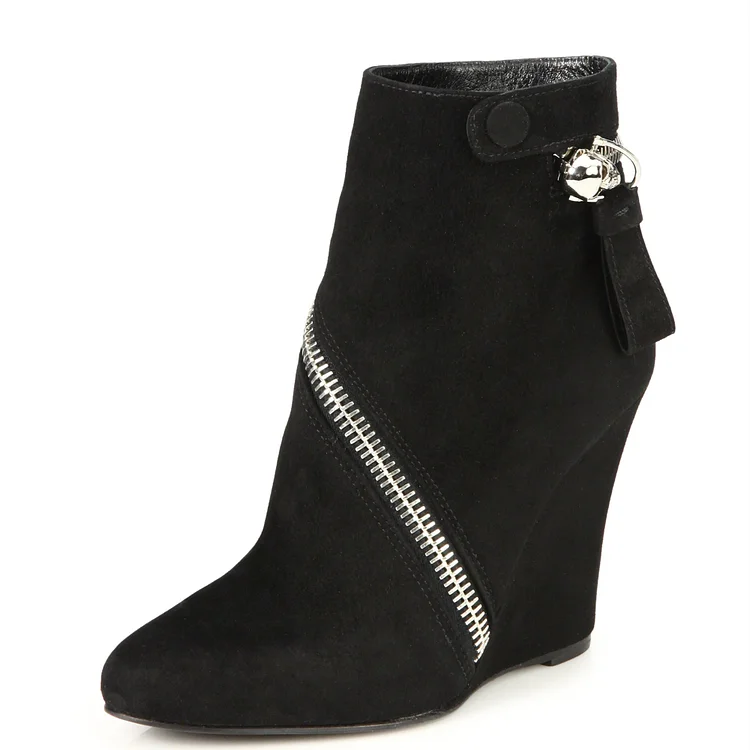 Black Vegan Suede Ankle Boots Zipper Wedge Booties for Women |FSJ Shoes