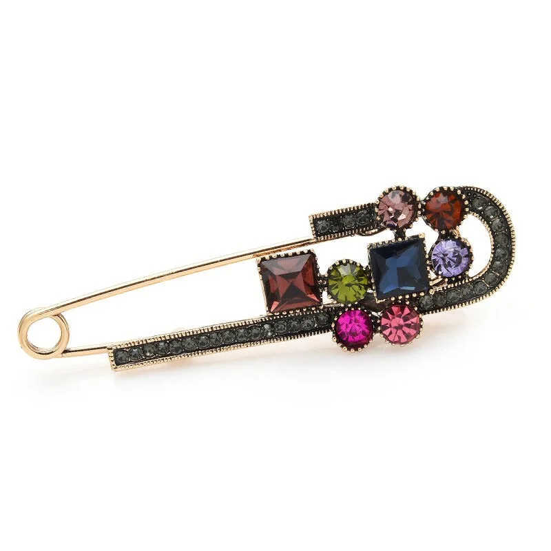 Multi-Color Rhinestone Adorned Safety Pin Brooch Pins