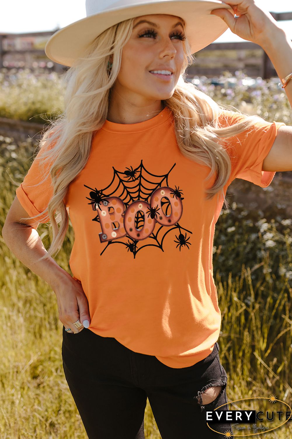 Orange Halloween Boo spider web T-Shirts