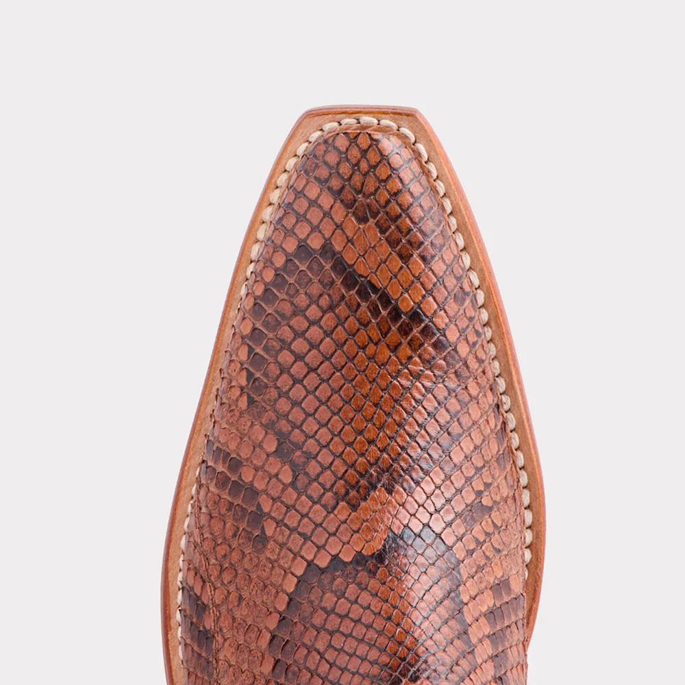 Brown Python-Embossed Stacked Heel Embroidered Cowboy Boots for Women