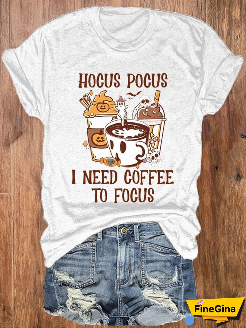 Women's Halloween Hocus Pocus I Need Coffee To Focus Print Crew Neck T-Shirt