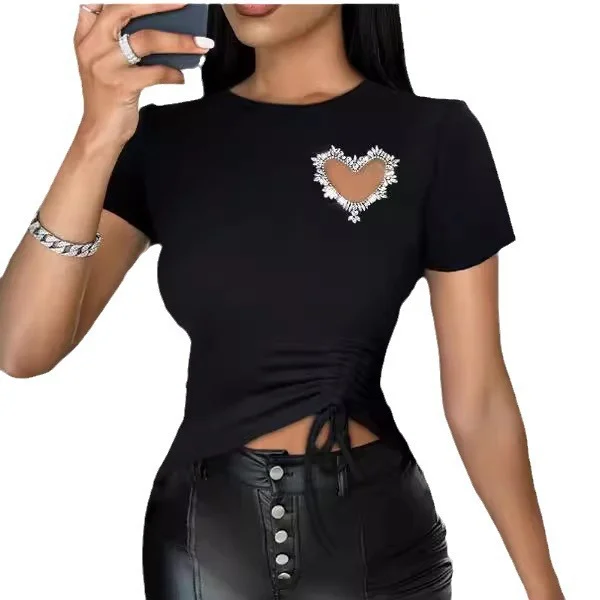 Wongn Wongn / Summer 2024 Women's Wear New Heart-Shaped Hot Diamond Round Collar Draw Rope T-Shirt Top