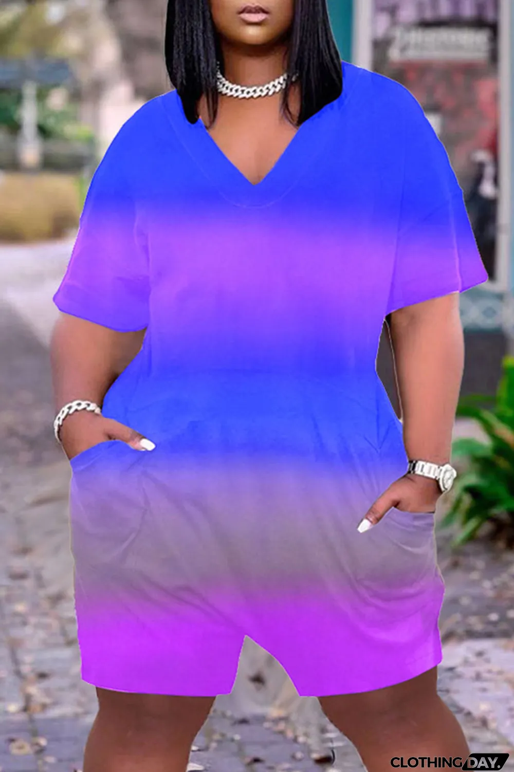 Pink Casual Gradual Change Print Tie-dye O Neck Loose Jumpsuits