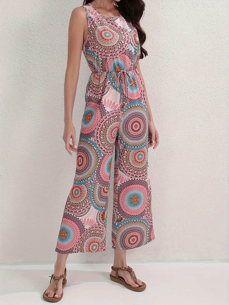 Women's Elegant Geometric Pattern Jumpsuit - Off-Shoulder, Wide-Leg Design With Vibrant Mandala Print, Machine Washable Polyester For Spring/Summer/Fall