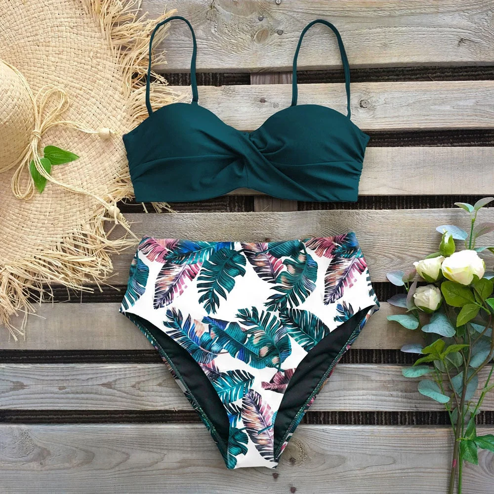 2022 Sexy Leaf Print Bikini Female Swimsuit Women Swimwear Thong Push Up Bikinis Set High Waist Swimming Suits for Bathing Suit