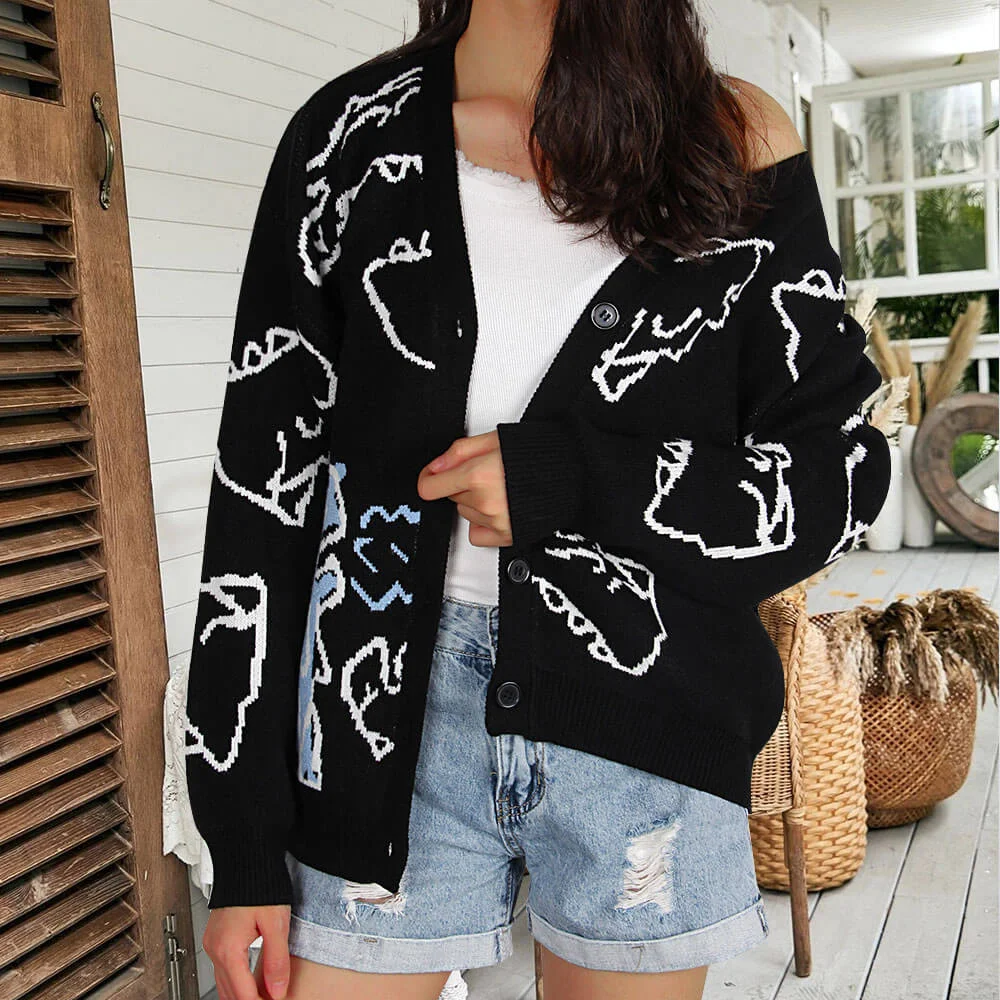 Athvotar Athvotar Long-Sleeved Knitted Autumn And Winter New Coat Loose Cartoon Dinosaur Cardigan