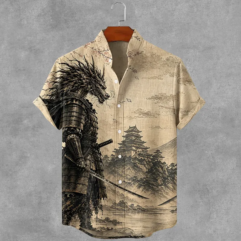 Vintage Japanese Warrior Dragon Art Casual Cotton Linen Shirt  artssus