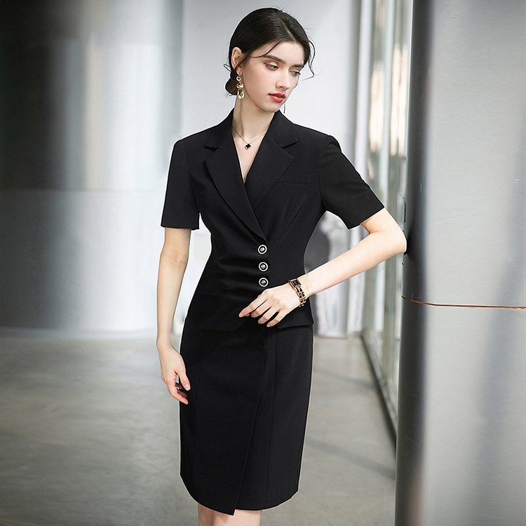 Black Single Breasted Nipped Waist Short Sleeve Suit Dress