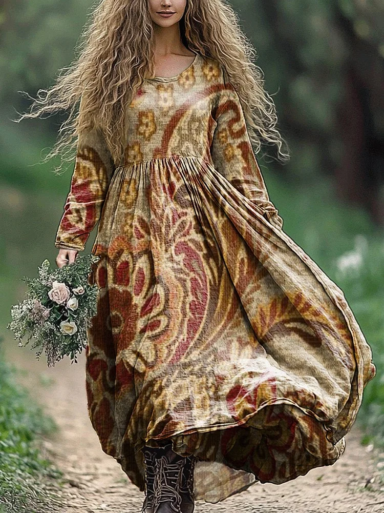 Women's Vintage Bohemian Floral Print Crew Neck Pocket Cotton Dress