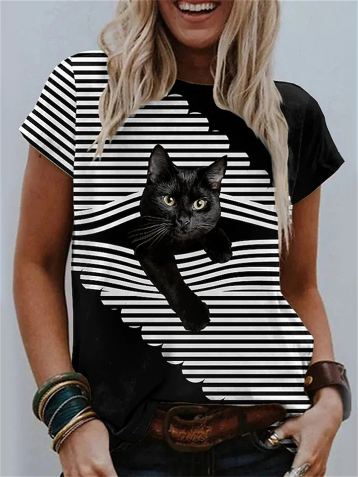 Casual Short-sleeved Female T-shirt Cat 3D Print Round Neck