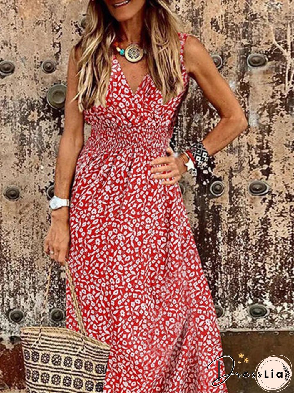 Floral Boho V Neck Vacation A-Line Dresses