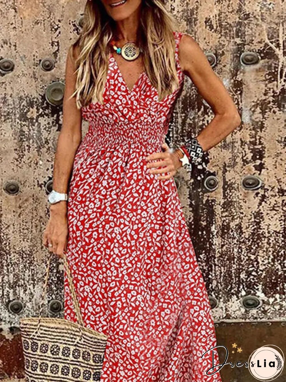 Floral Boho V Neck Vacation A-Line Dresses
