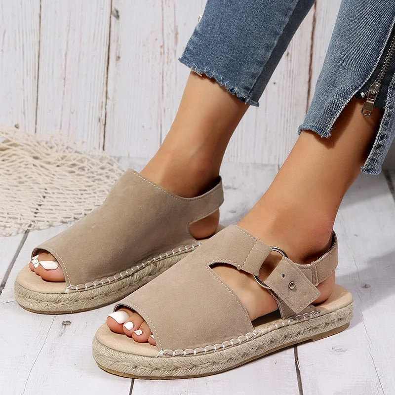 Lourdasprec Retro Flat Heel Espadrille Shoes Women for Sandals 2023 Peep Toe Flock Non-Slip Beach Shoes Woman Pu Leather Casual Rome Sandals