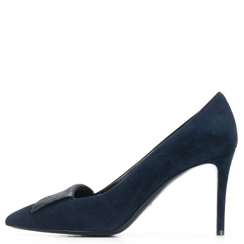 TAAFO Navy Blue Turned-over Edge Pumps Woman Pointed Toe High Thin Heels Ladies Office Shoes 